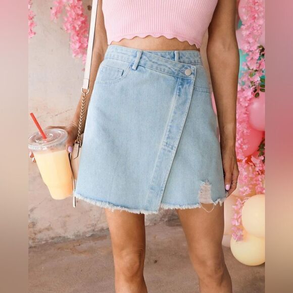 Mod On Trend Asymmetrical Denim Wrap Mini Skirt - Picture 1 of 9